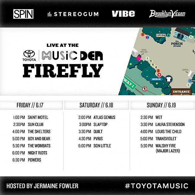 Firefly this weekend: stop by the Toyota Music Den (schedule)