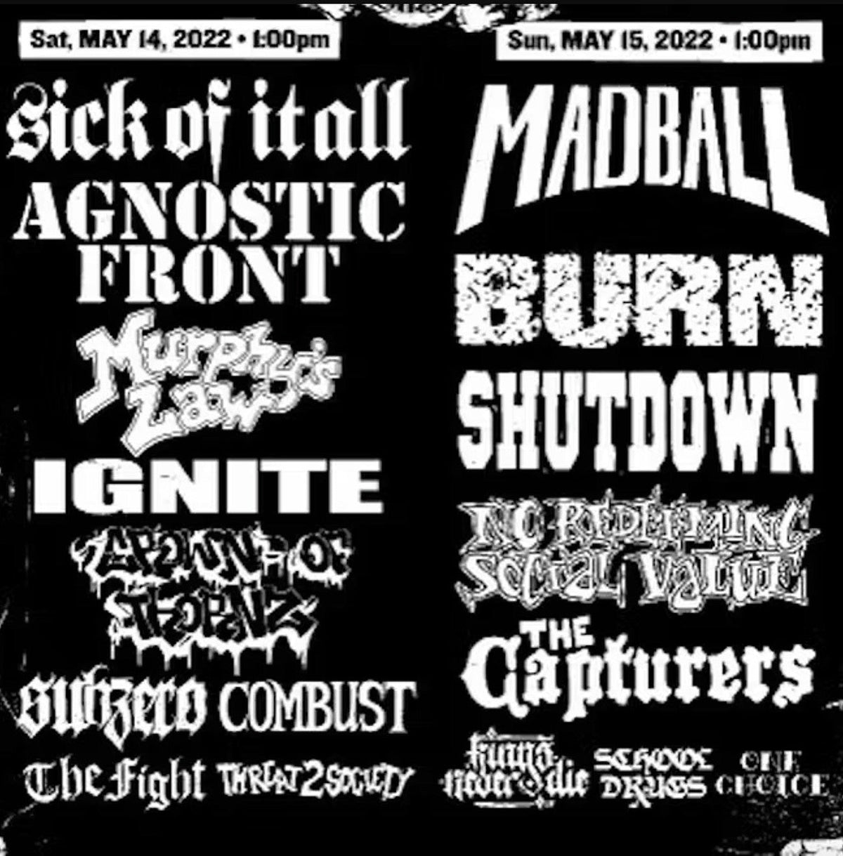 Black N Blue Bowl 2022 lineup & tix (Madball, SOIA, Agnostic Front, Burn, Crown of Thornz & more)