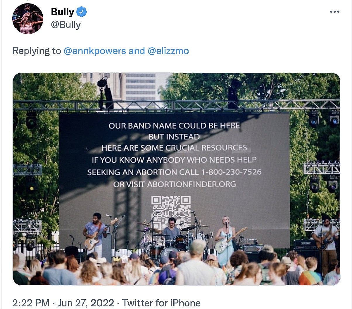 Bully projected abortion information at Nashville Pride Fest set, expand 2022 tour