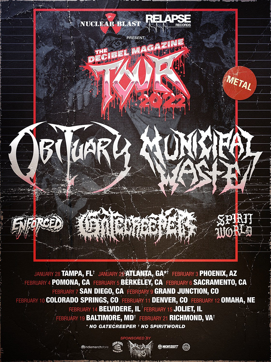 Obituary, Municipal Waste, Gatecreeper, Enforced & SpiritWorld going on 2022 Decibel Tour