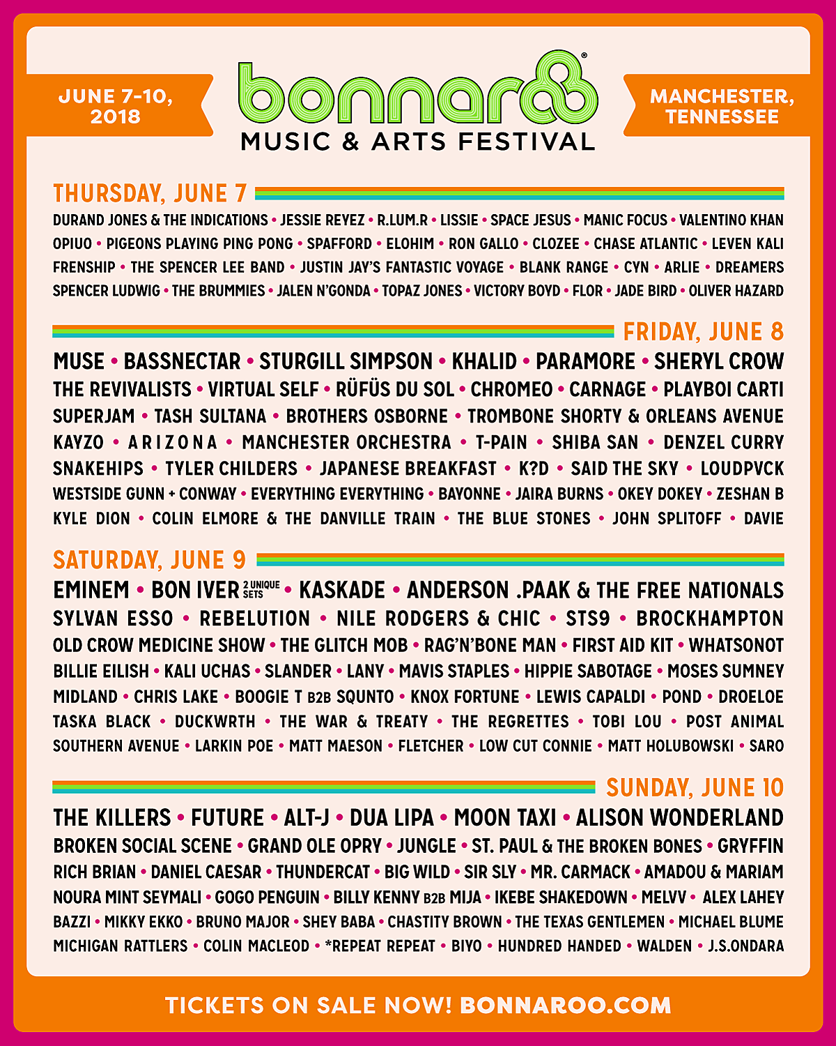 Bonnaroo 2018 daily lineups