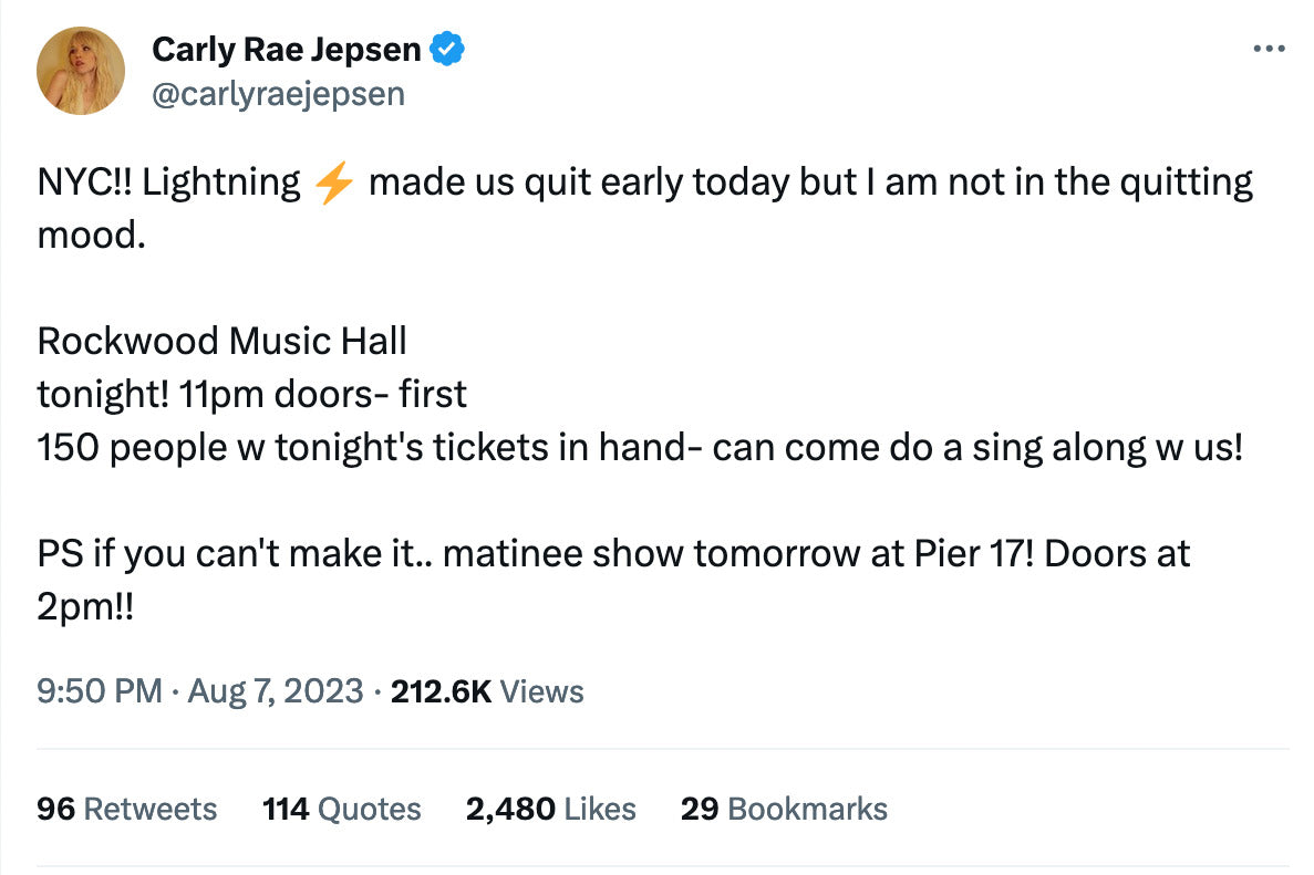 Carly Rae Jepsen played 3 sets at Rockwood after lightning cut Pier 17 show short (pics, video)