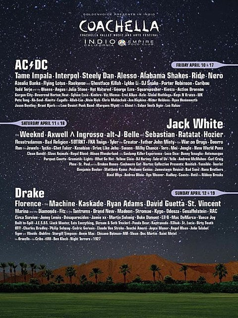 Coachella 2015 lineup announced (AC/DC, Jack White, Drake, Ride, Drive Like Jehu, St. Vincent, Tame Impala, Steely Dan, Belle & Sebastian, MANY more!)