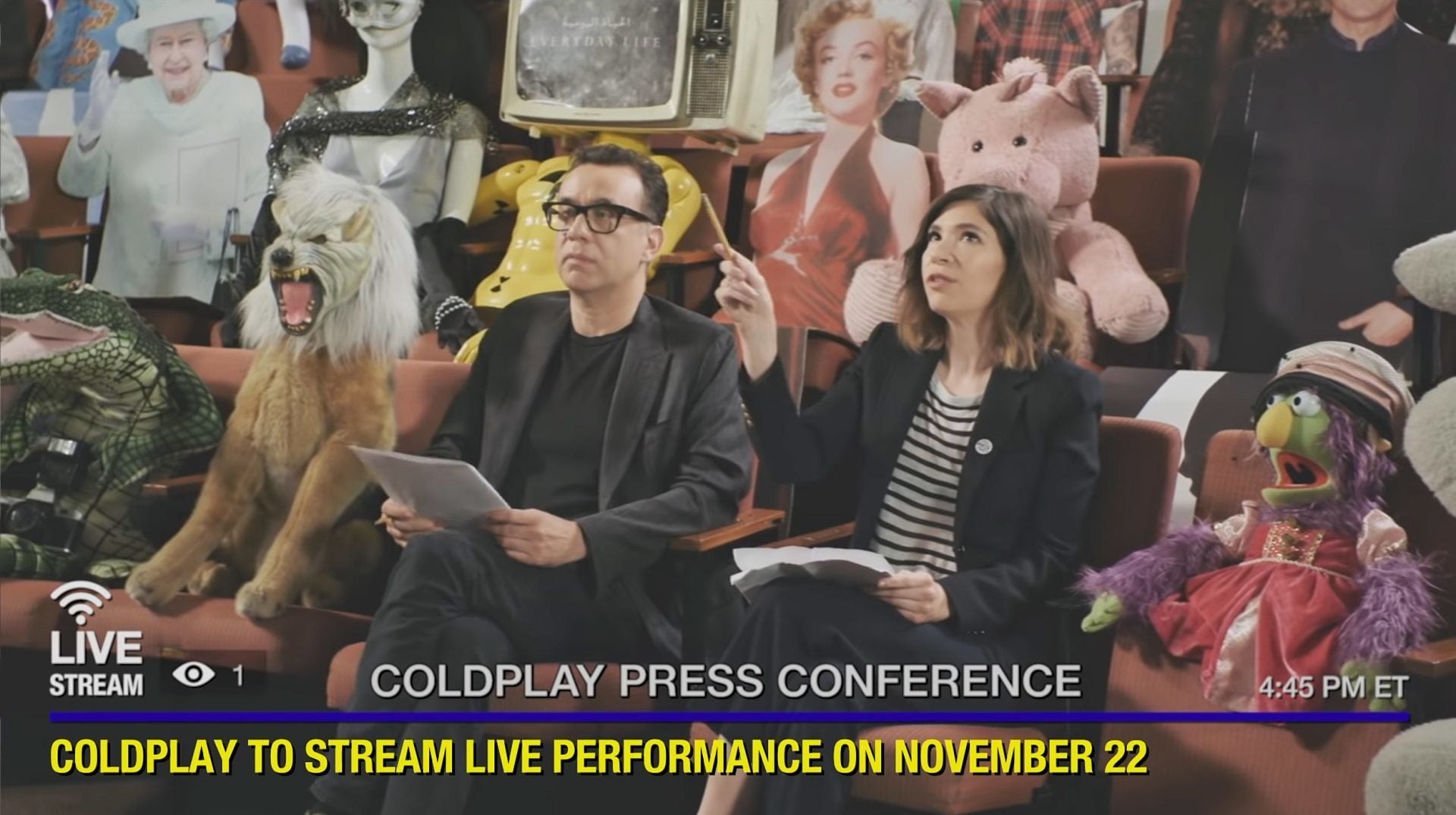 Coldplay livestreaming Jordan concerts; Carrie Brownstein & Fred Armisen star in “press conference”