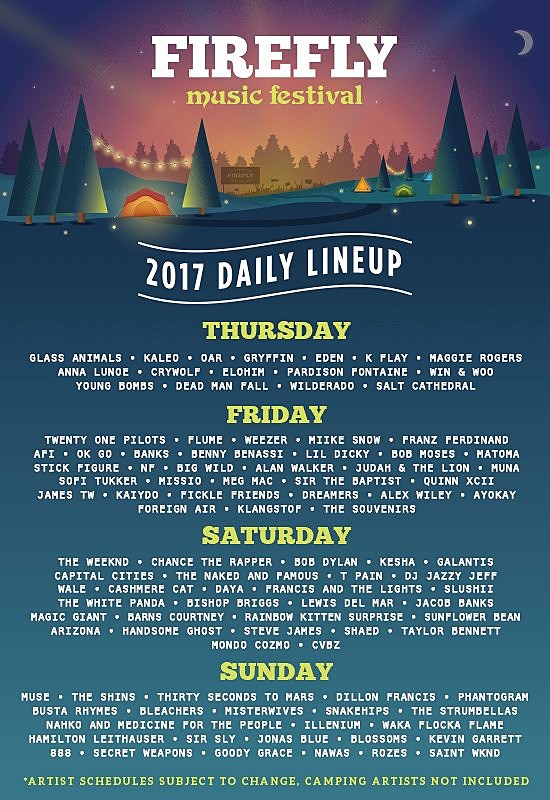 Firefly Music Festival 2017 daily lineups & single-day tickets