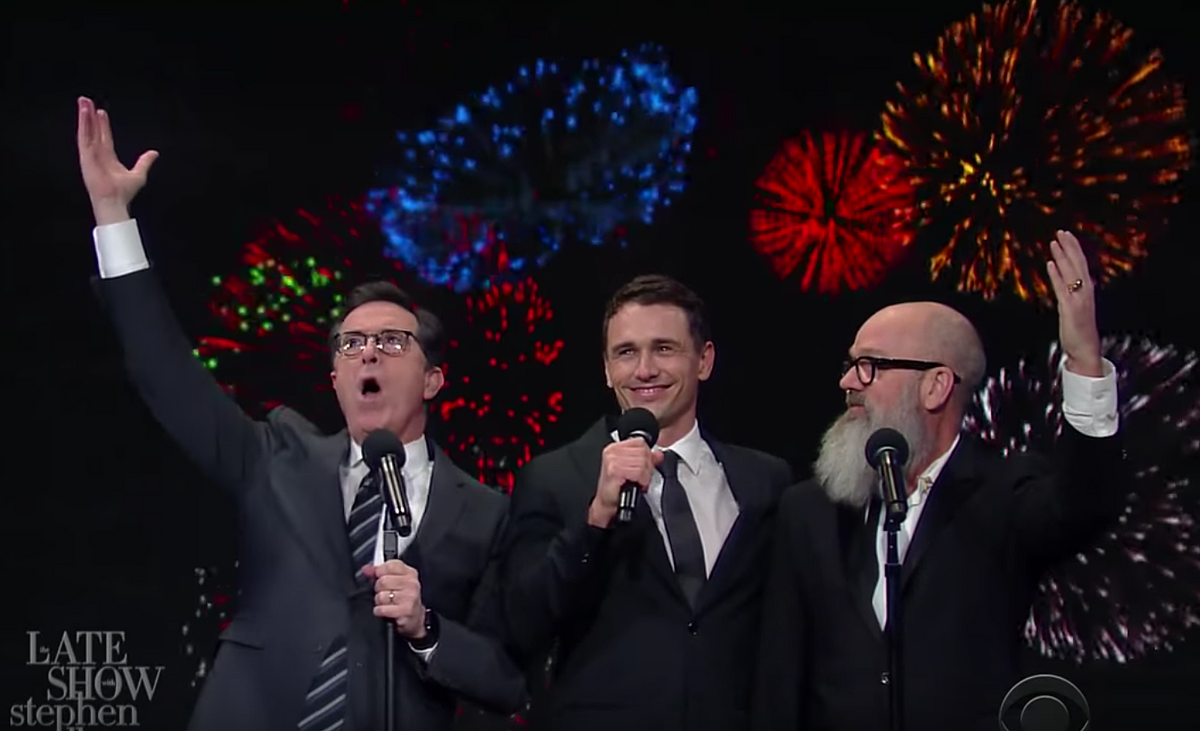 Michael Stipe sang “It’s the End of the Year as We Know It” with Stephen Colbert and James Franco (video)