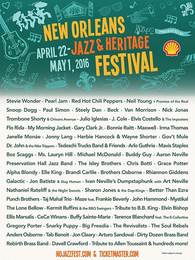 New Orleans Jazz Fest 2016 lineup: Neil Young, Paul Simon, Stevie Wonder, Van Morrison, RHCP, Pearl Jam, Snoop Dogg, more