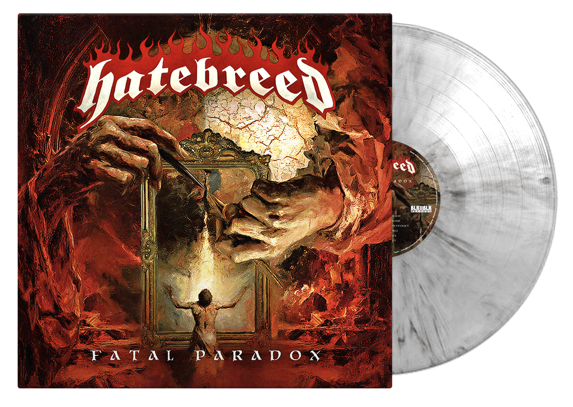 Hatebreed 'Fatal Paradox' vinyl record with its illustrated album cover and a translucent white record partially visible behind it on a plain white background.