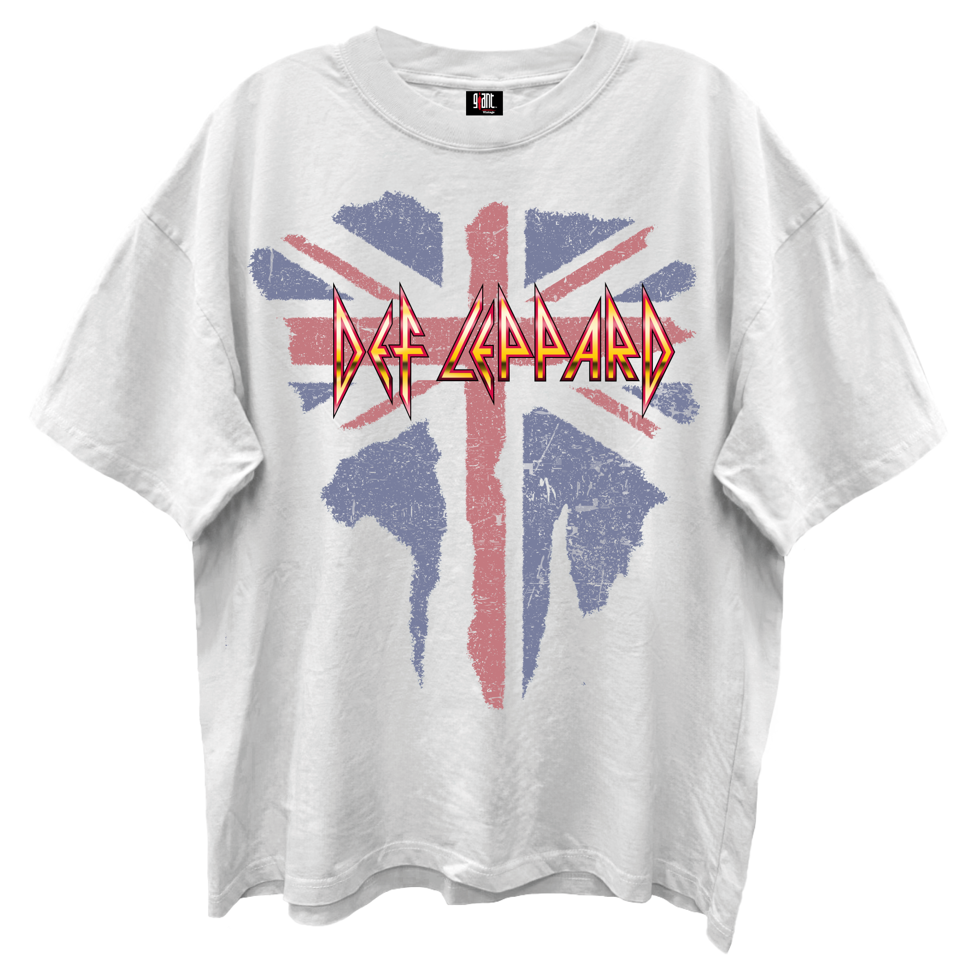 DEF LEPPARD BRITISH FLAG LOGO BLANC WHITE ENZYME WASH T-SHIRT/GIANT VINTAGE