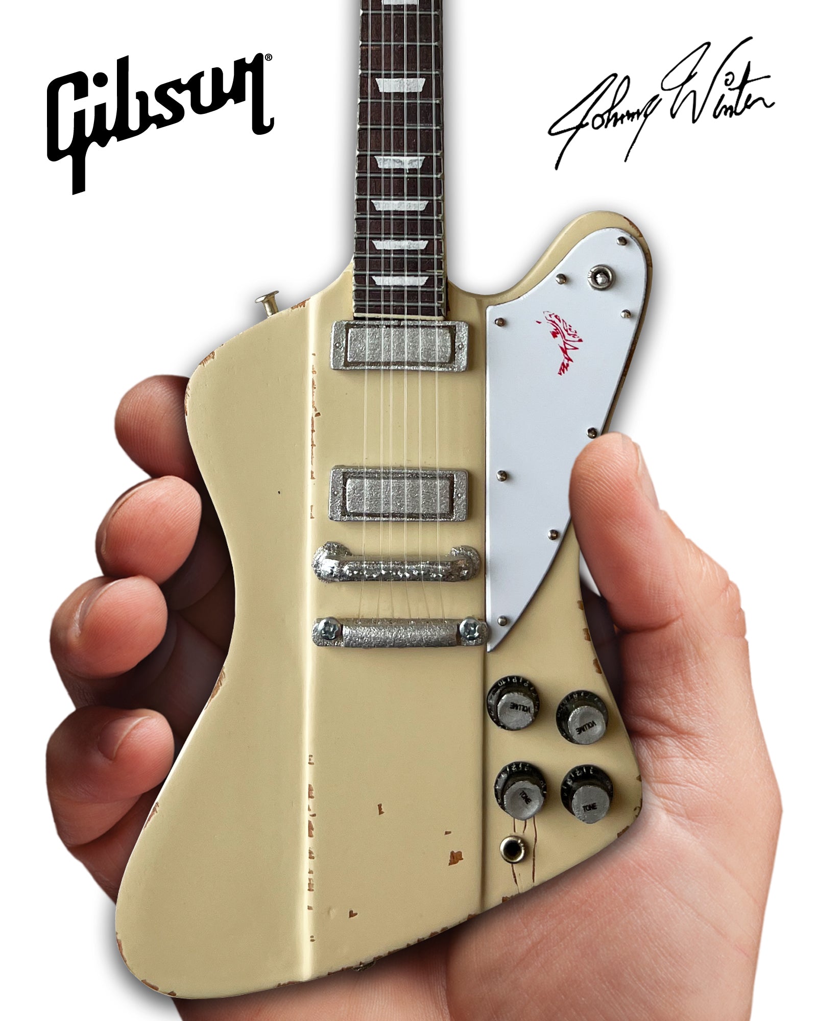 JOHNNY WINTER 1964 GIBSON FIREBIRD V POLARIS WHITE 1.4 SCALE MINI GUITAR - VINTAGE & DISTRESSED