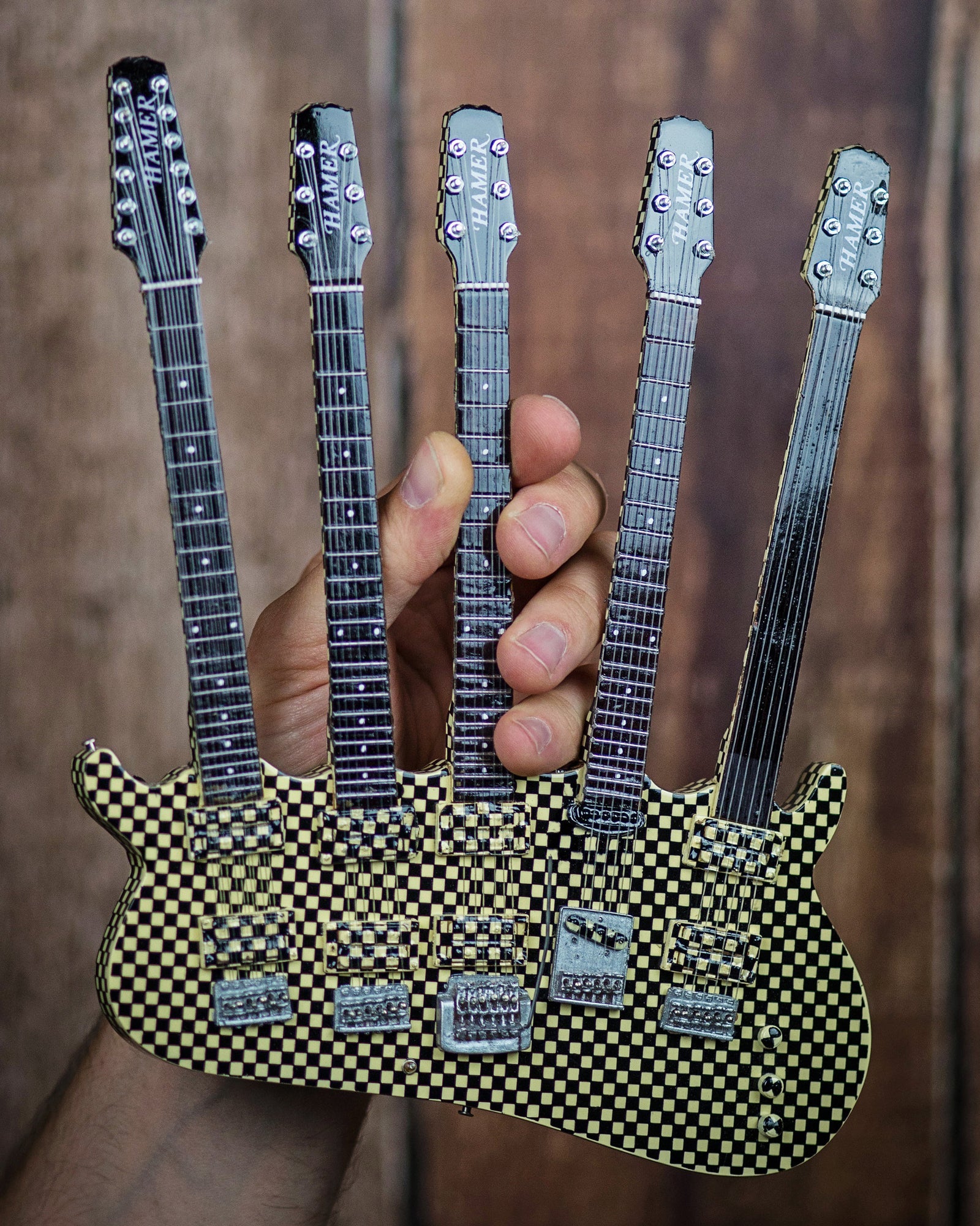 RICK NIELSEN™ FIVE-NECK CHECKERED MINI GUITAR REPLICA COLLECTIBLE - OFFICIALLY LICENSED