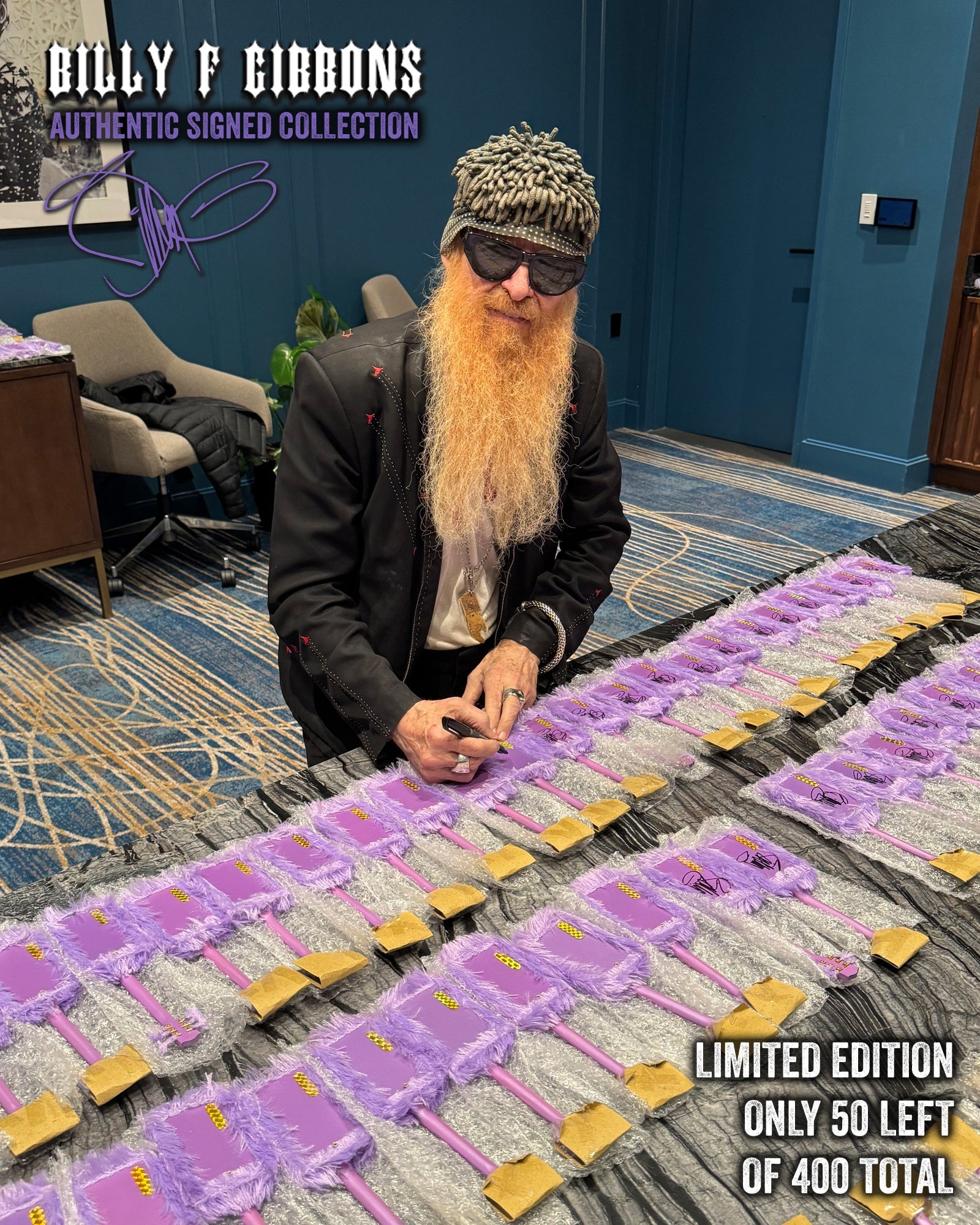 Billy F Gibbons AUTOGRAPHED "Purple Fur" Mini Guitar Model LIMITED - ONLY 50 LEFT