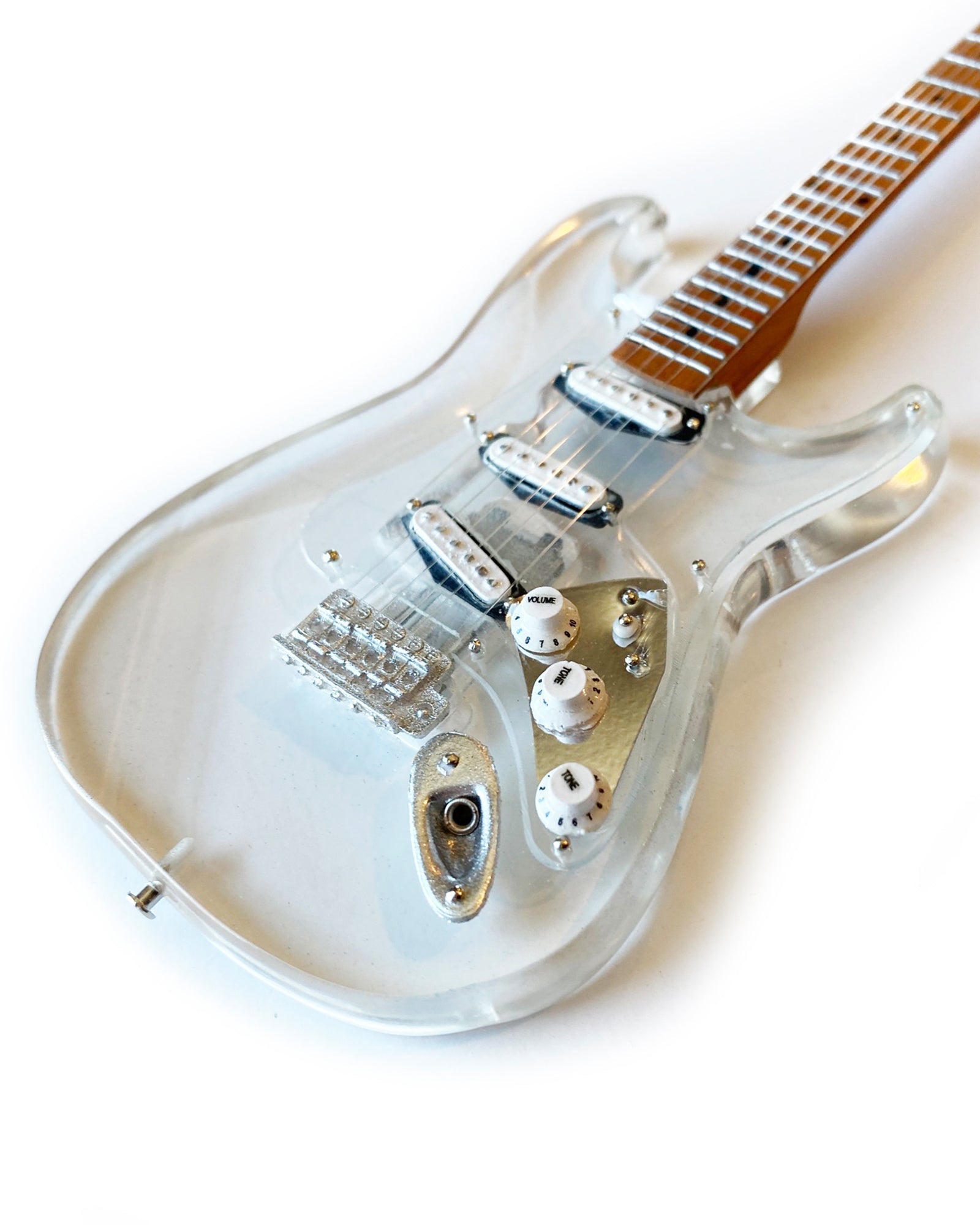 LICENSED FENDER™ STRAT™ SIGNATURE CLEAR ACRYLIC MINI GUITAR