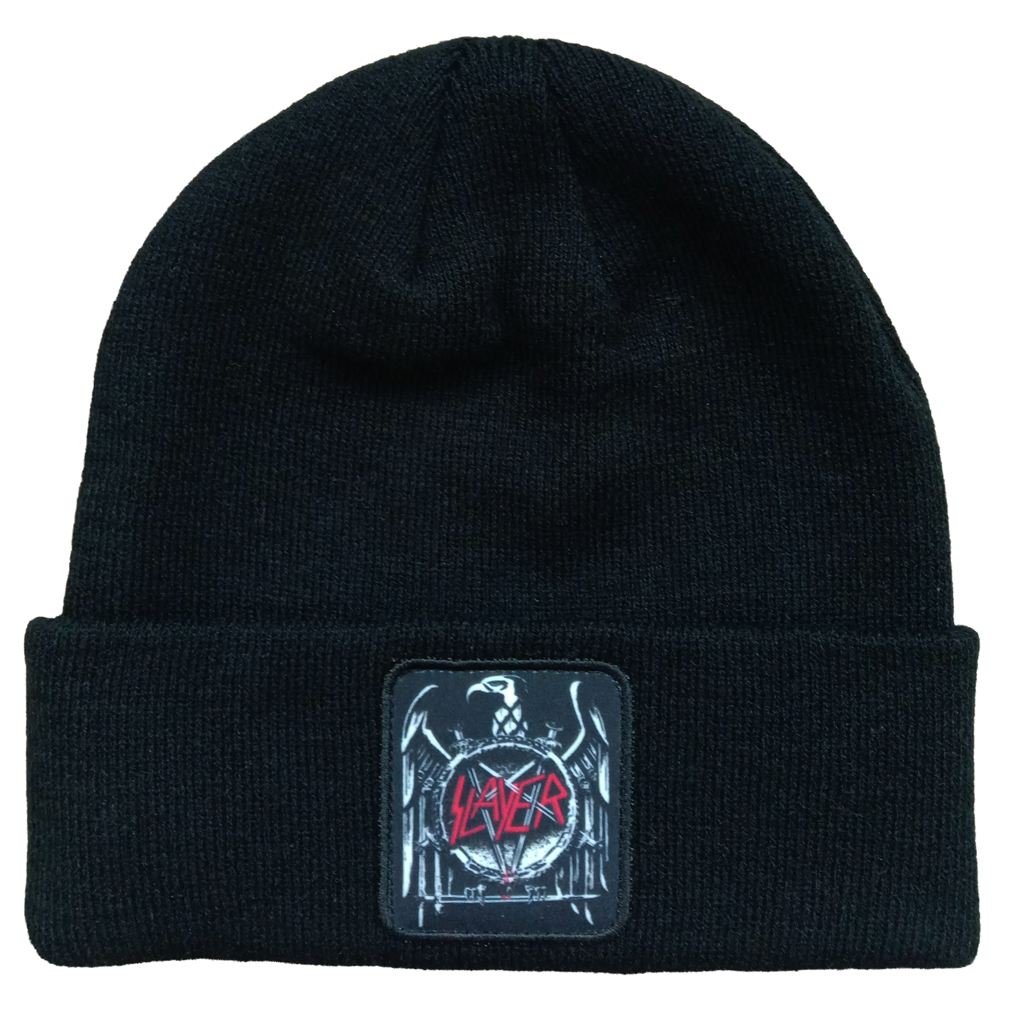 SLAYER EAGLE PATCH 1X1 RIBBED BLACK ACRYLIC KNIT HAT