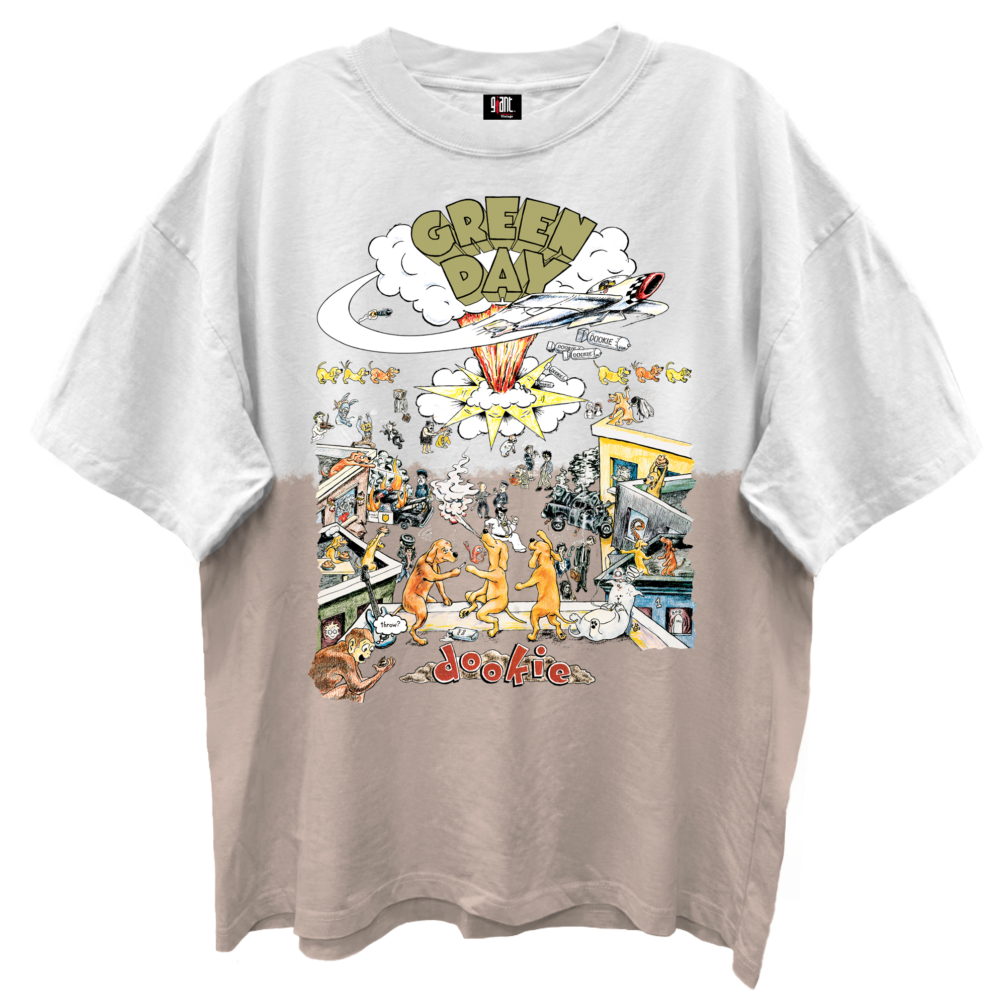 GREEN DAY DOOKIE ALBUM COVER WHITE/SAND DIP DYE WASH T-SHIRT/GIANT VINTAGE T-SHIRT