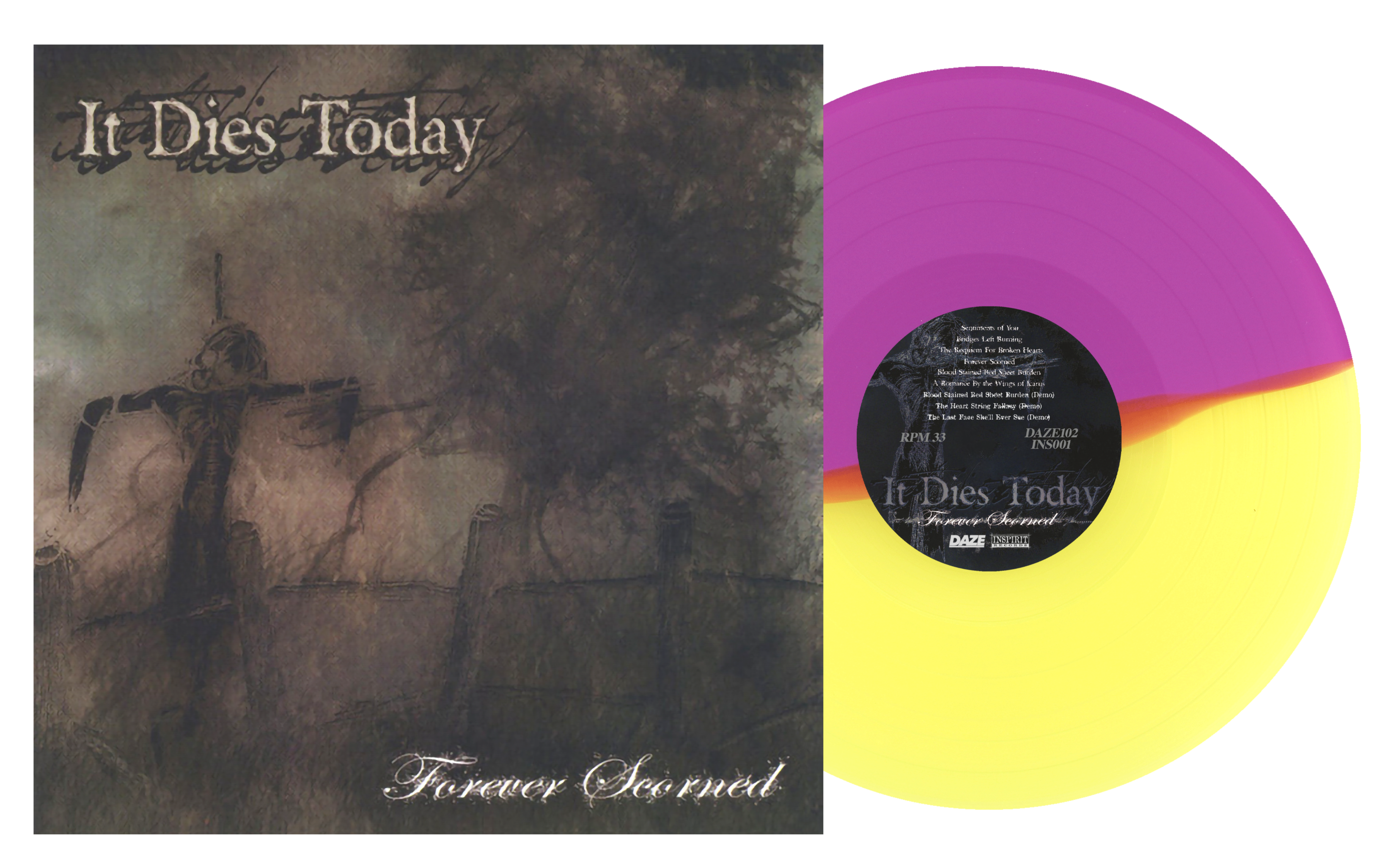 IT DIES TODAY ‘FOREVER SCORNED’ EP (Limited Edition – Only 150 Made, Half Clear Yellow / Half Purple Vinyl)