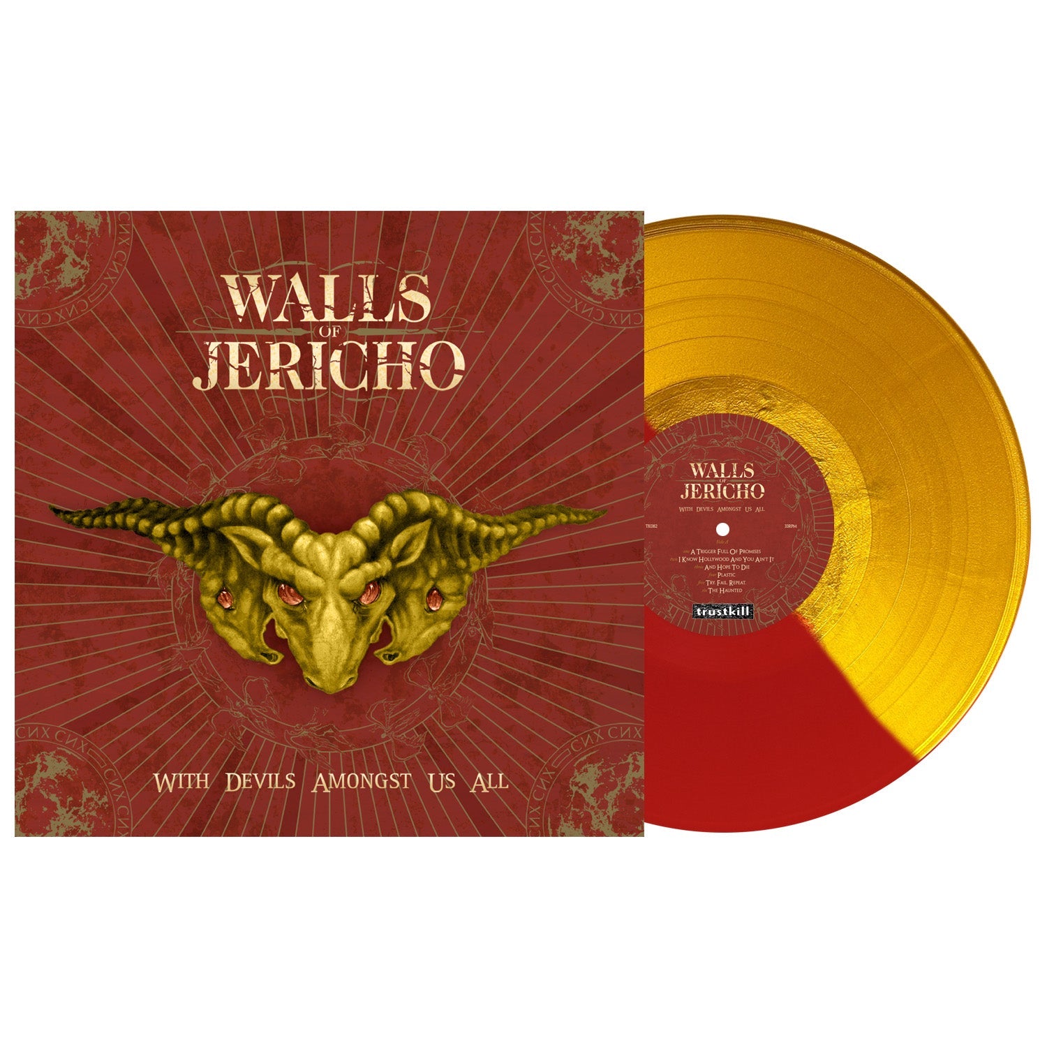 WALLS OF JERICHO ‘WITH DEVILS AMONGST US ALL’ LP (Limited Edition – Only 600 Made, Half Metallic Gold / Half Red Vinyl)
