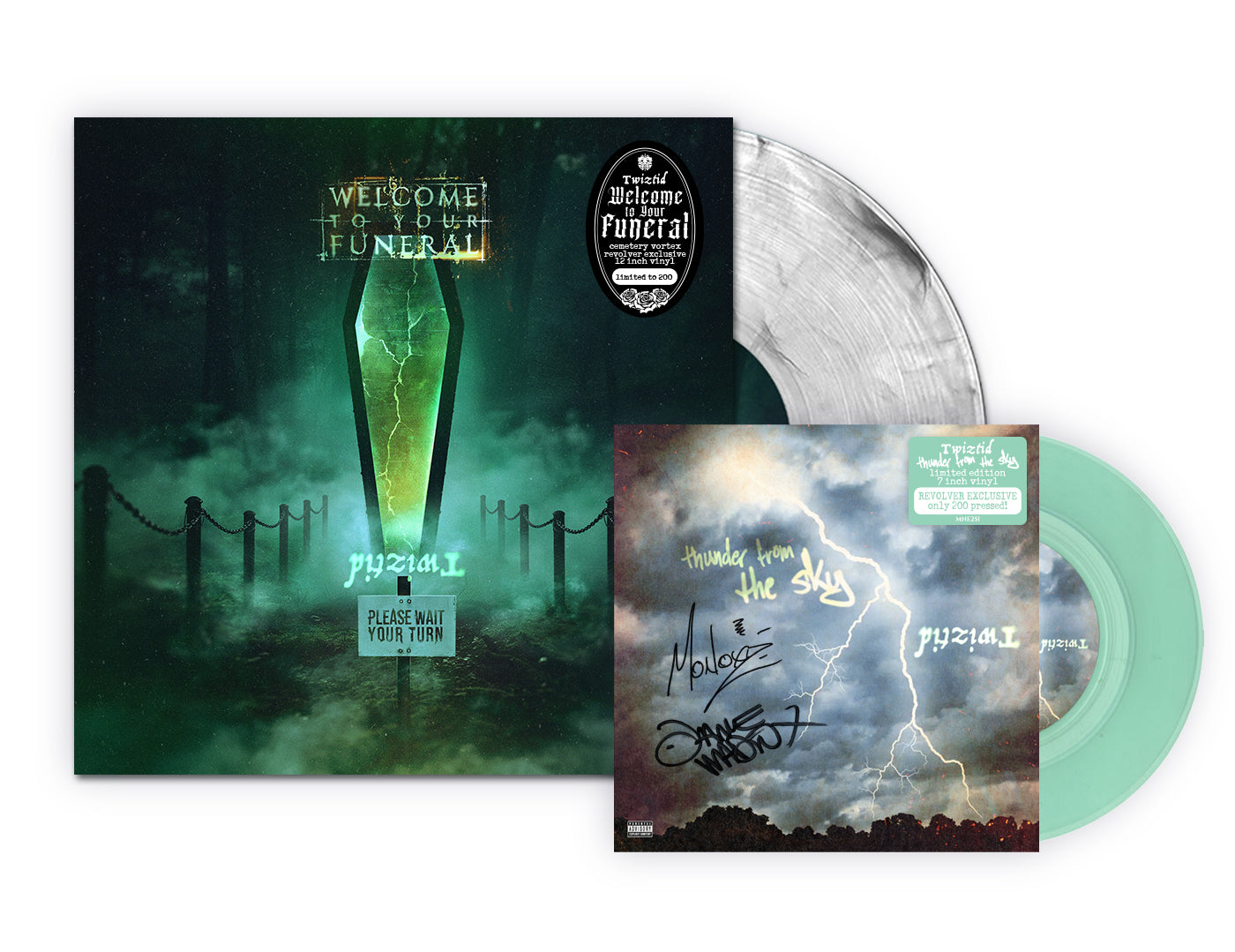 TWIZTID 'WELCOME TO YOUR FUNERAL' LP + 7" (Limited Edition – Only 200 made, "Cemetery Vortex" Clear w/ Gray & Black Smoke 12" + SIGNED Mint Green 7" Vinyl)