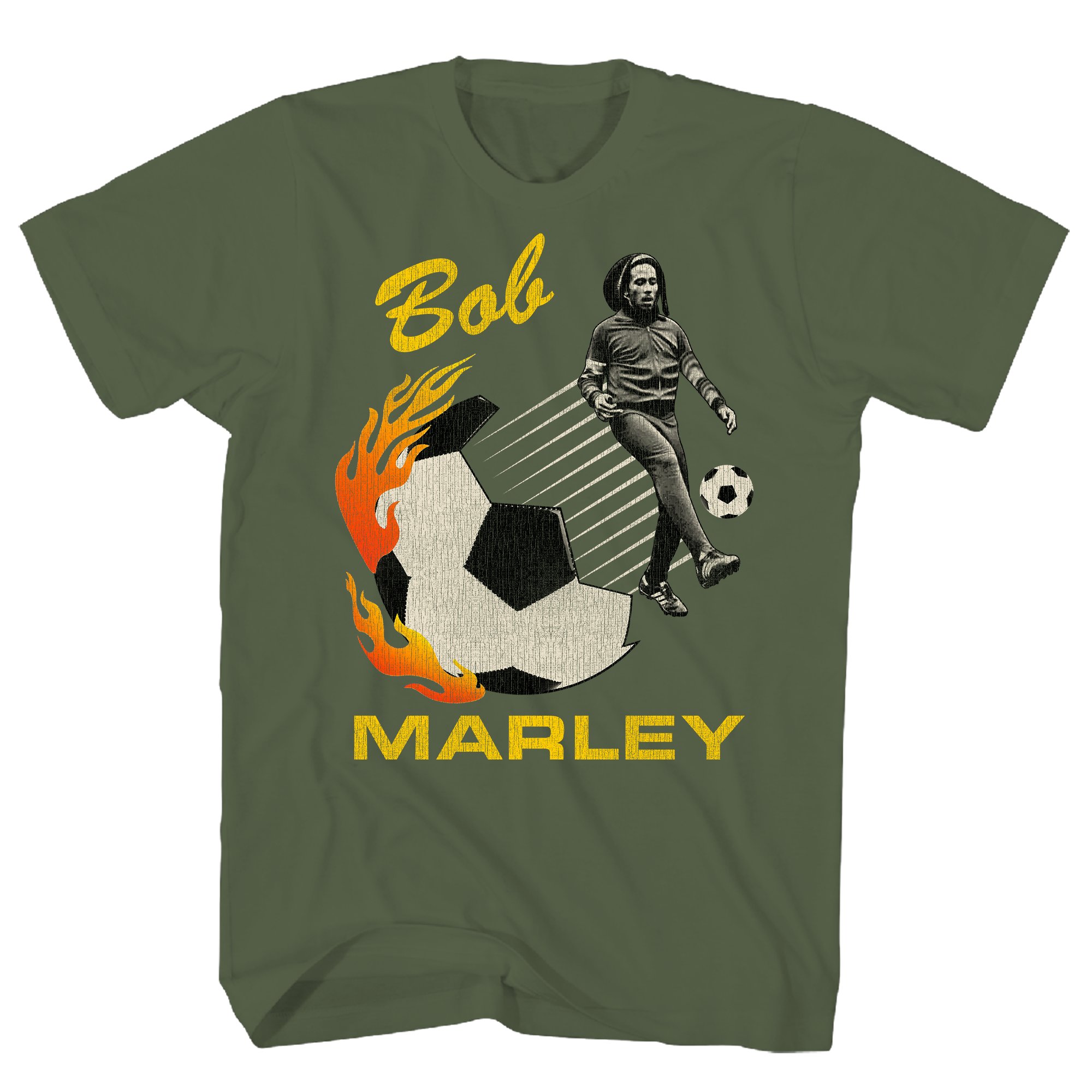 BOB MARLEY PHOTO SOCCER GREEN MILITARY TEE