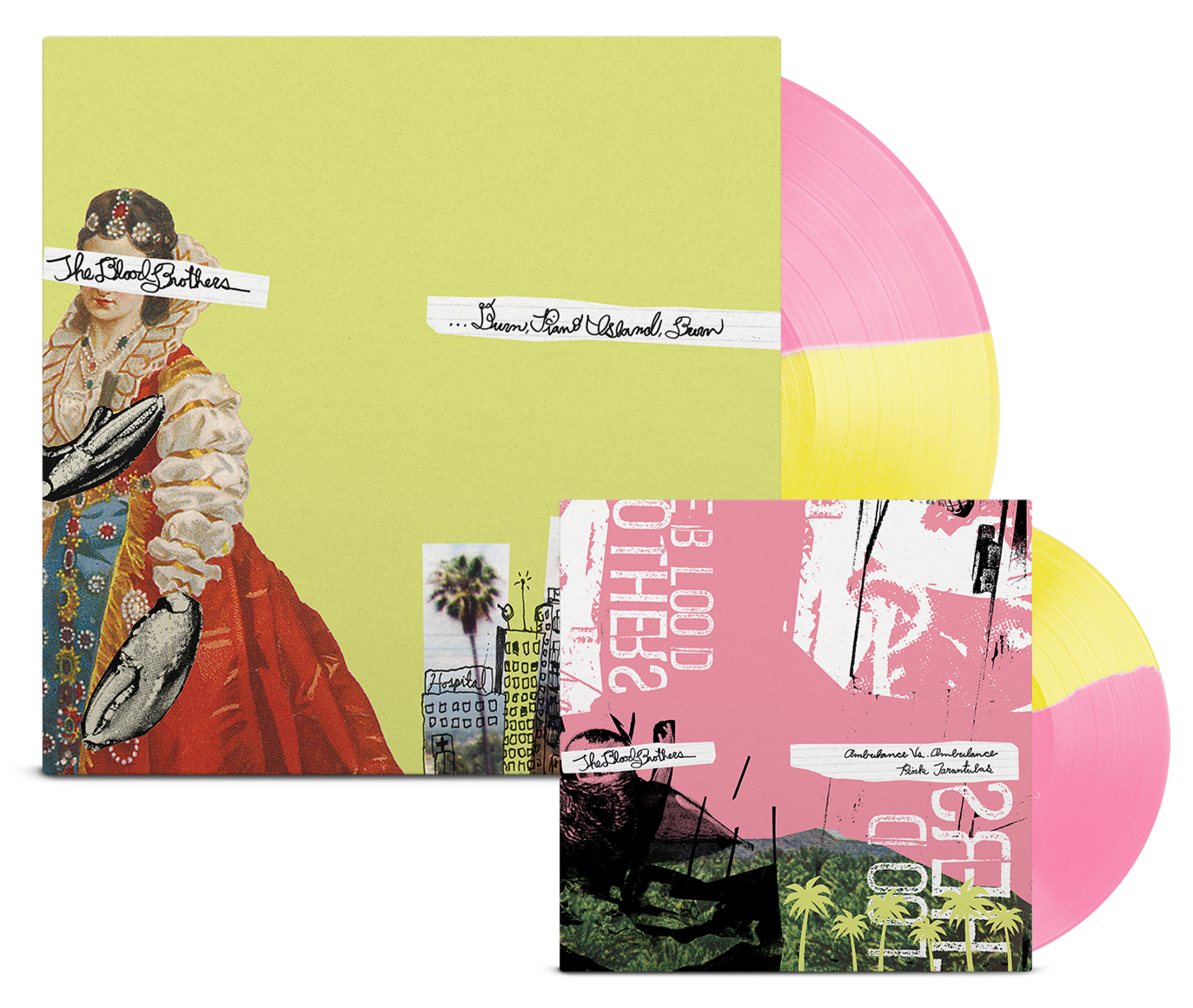 THE BLOOD BROTHERS ‘BURN, PIANO ISLAND, BURN’ DELUXE COLLECTOR'S EDITION LP + 7" (Limited Edition – Only 500 Made, Half Opaque Yellow / Half Opaque Pink Vinyl)