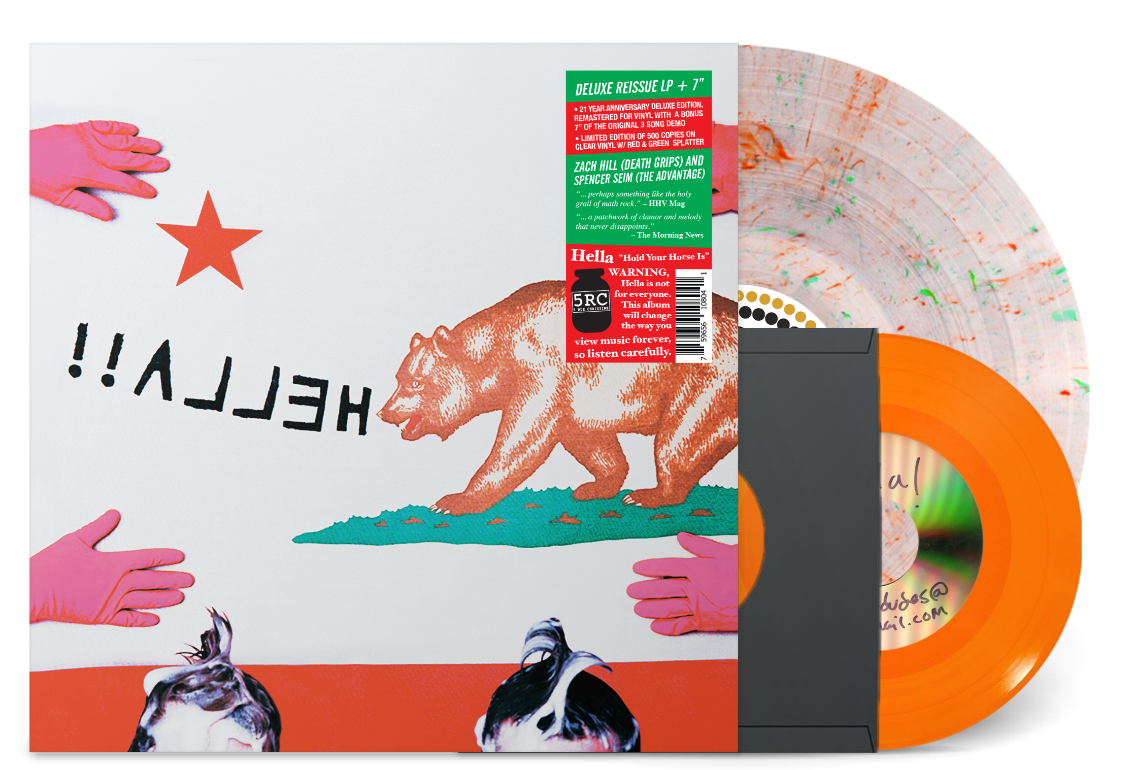 HELLA ‘HOLD YOUR HORSE IS’ LP + 7" (Limited Edition – Only 500 Made, Clear w/ Red & Green Splatter w/ Orange 7" Vinyl)