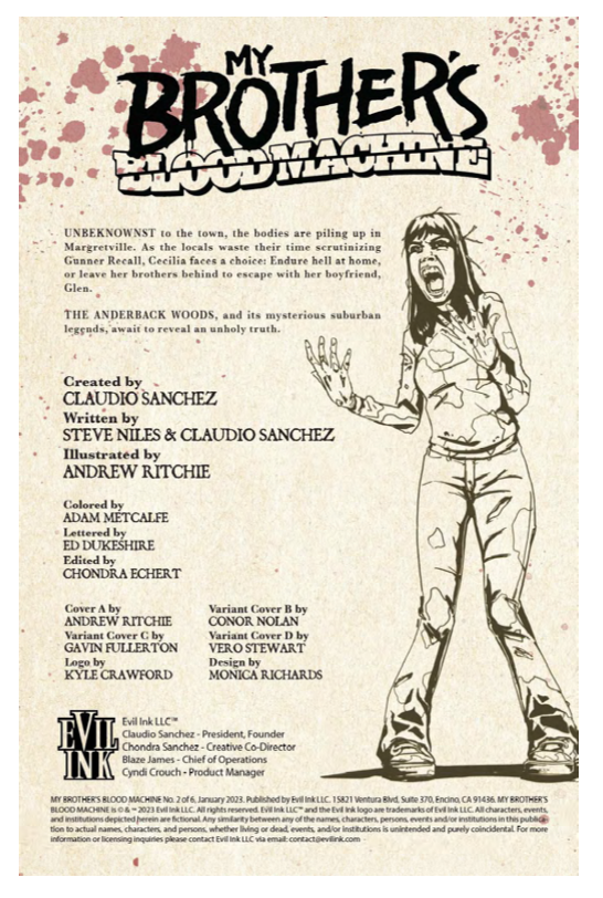 MY BROTHER’S BLOOD MACHINE by CLAUDIO SANCHEZ - COMIC BOOK ISSUES #1 AND #2 (EXCLUSIVE COVERS)