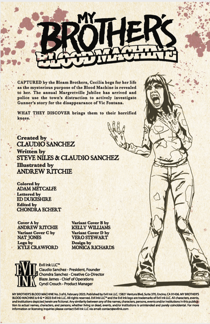 MY BROTHER’S BLOOD MACHINE by CLAUDIO SANCHEZ - COMIC BOOK ISSUES #1 thru #3 (EXCLUSIVE COVERS)