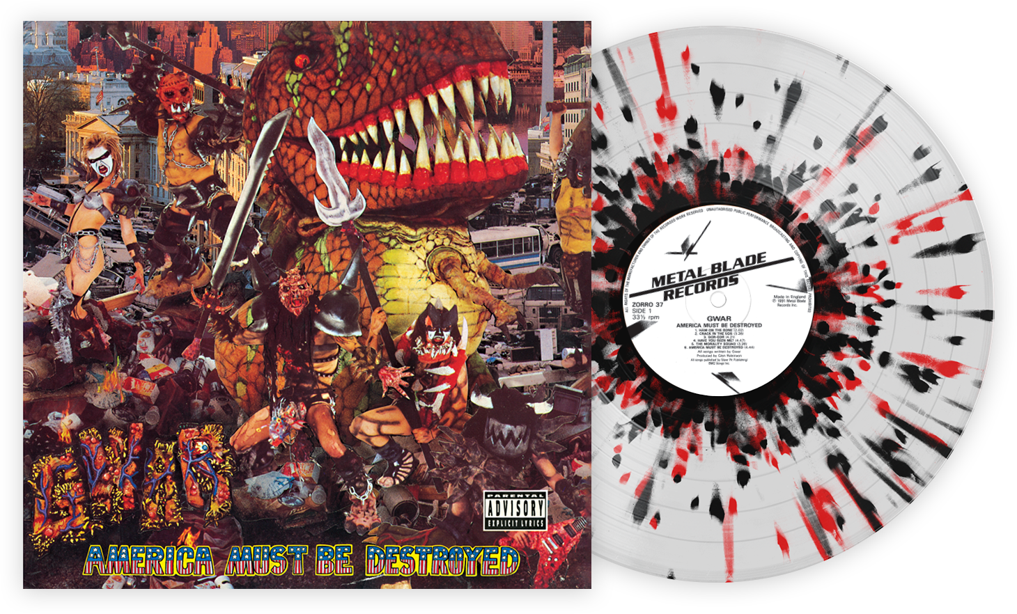GWAR 'AMERICA MUST BE DESTROYED' CLEAR WITH RED AND BLACK SPLATTER LP