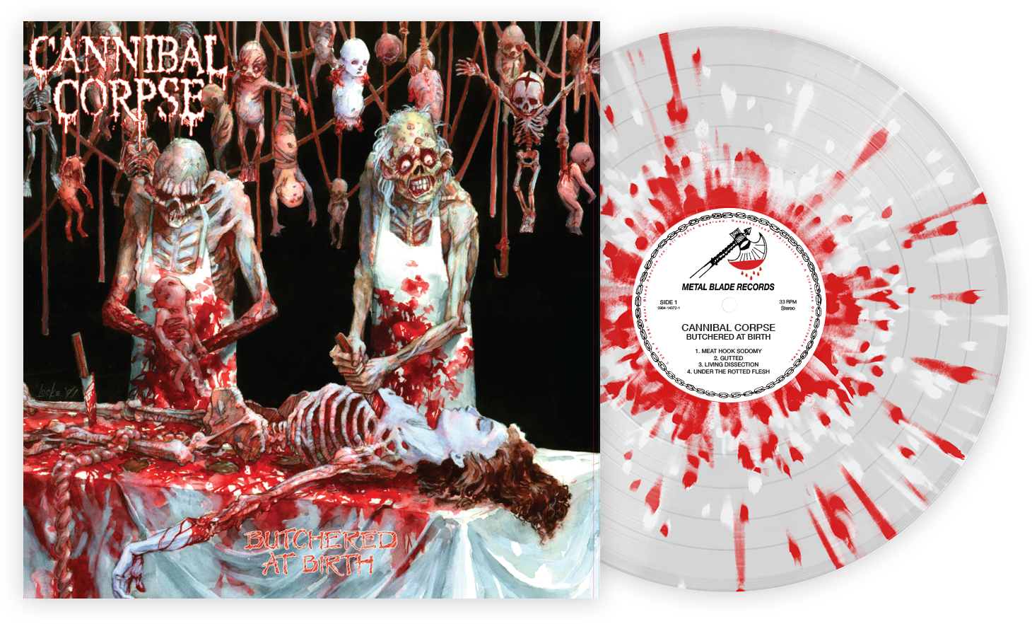 CANNIBAL CORPSE 'BUTCHERED AT BIRTH' CLEAR WITH RED AND WHITE SPLATTER LP