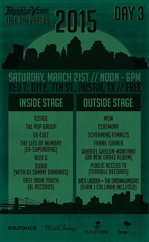 BrooklynVegan SXSW 2015 Saturday Day Party lineup (Mew, Frank Turner, The Pop Group, Ceremony, Screaming Females, Iceage, Alex G & many more)