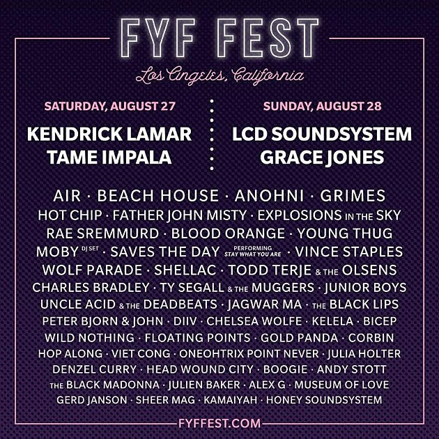 FYF Fest 2016 lineup (Kendrick, Grace Jones, LCD Soundsystem, Tame Impala, Air, ANOHNI, Wolf Parade, Saves the Day, more)