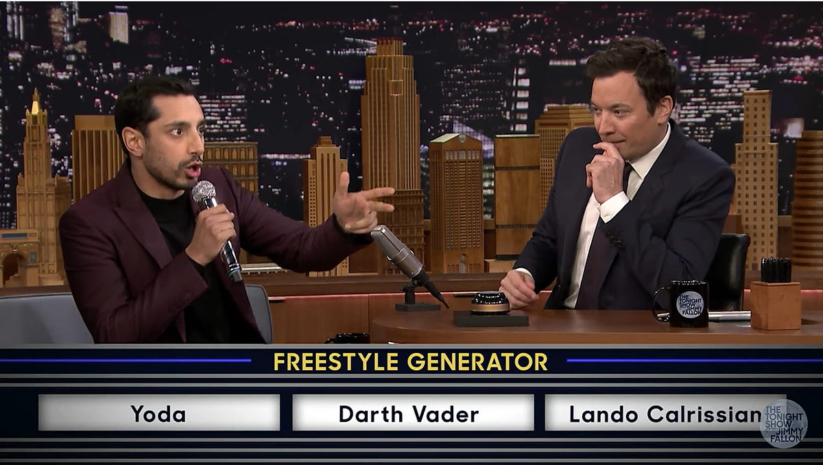 Riz Ahmed (aka The Night Of’s Naz) raps (like he does with Heems) about Star Wars (which he’s also in)