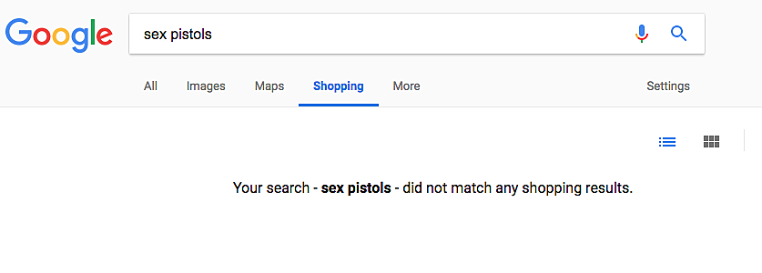 Google Shopping’s “gun” ban blocks you from searching “Sex Pistols”