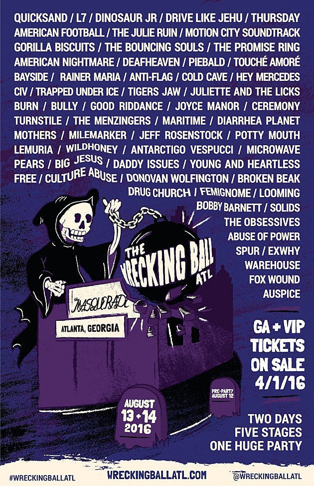 Wrecking Ball 2016 lineup: Thursday, L7, Piebald, Quicksand, Dino Jr, Drive Like Jehu, American Football, Promise Ring, Gorilla Biscuits, Hey Mercedes, more!