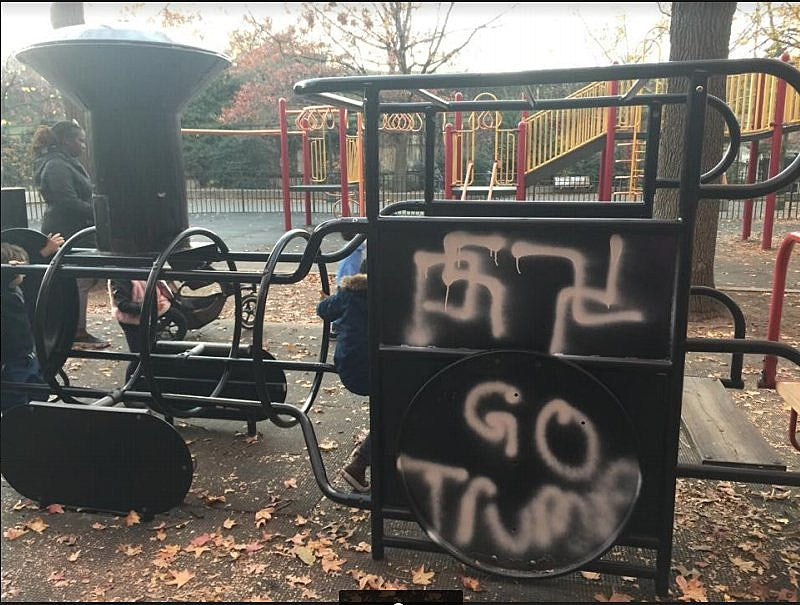 Adam Yauch Park graffitied w/ swastikas & “Go Trump”; response rally happening