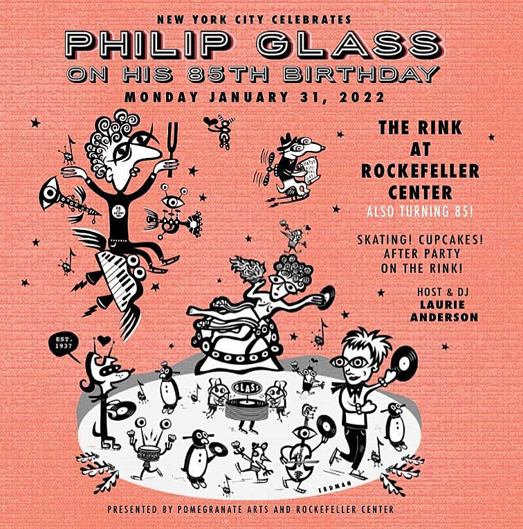 Laurie Anderson hosting Philip Glass’ 85th birthday party at Rockefeller Center Ice Rink