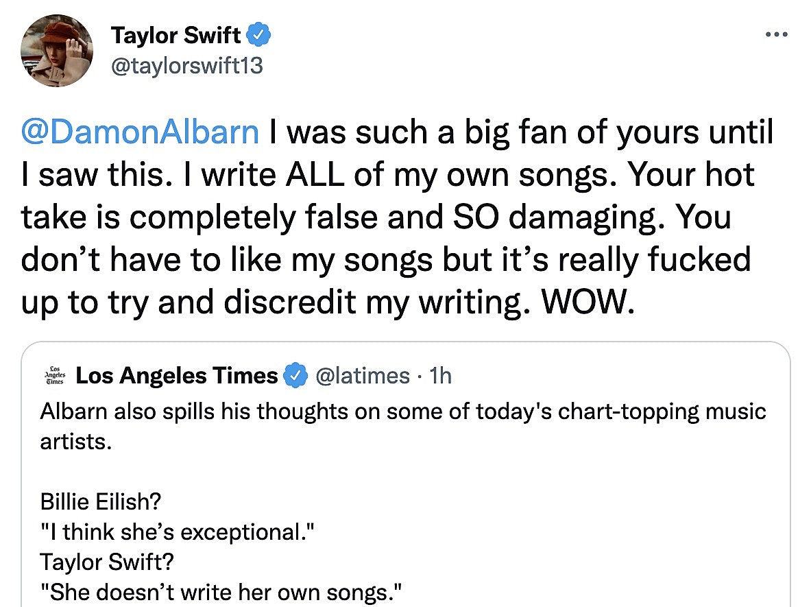 Taylor Swift blasts Damon Albarn: “It’s really fucked up to try and discredit my writing”