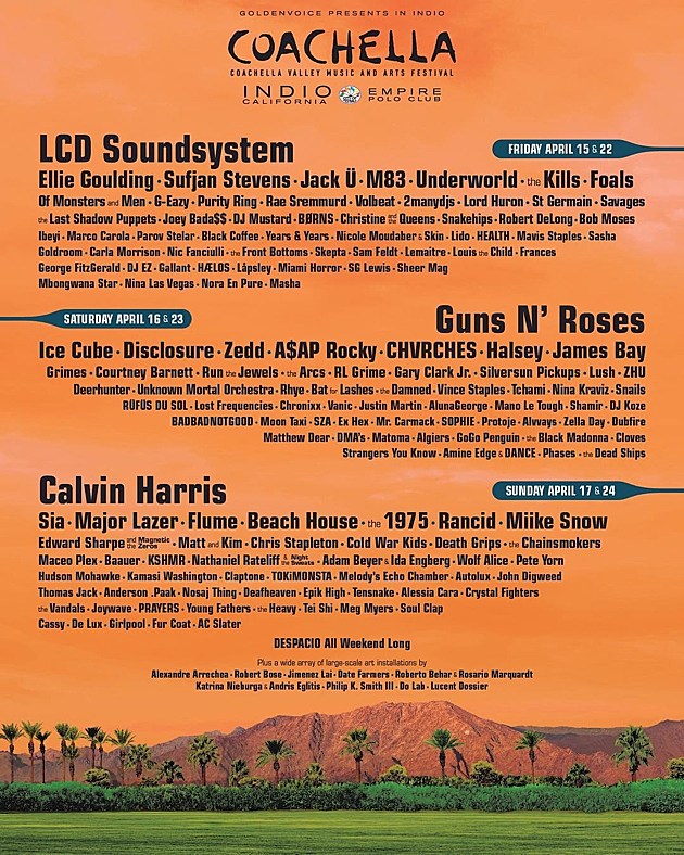Coachella 2016 lineup announced (LCD Soundsystem, Guns N Roses, Sufjan Stevens, M83, Last Shadow Puppets, Grimes, Ice Cube, Run the Jewels, Lush & more)