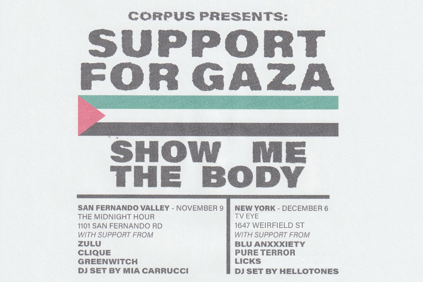 Show Me The Body playing Gaza relief benefits in NYC & CA (the latter with Zulu)