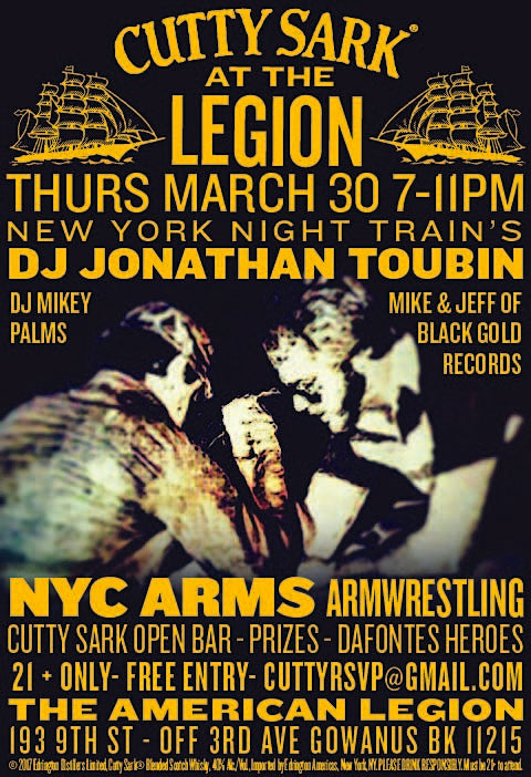 Jonathan Toubin, arm wrestling & Cutty Sark open bar in Gowanus tonight