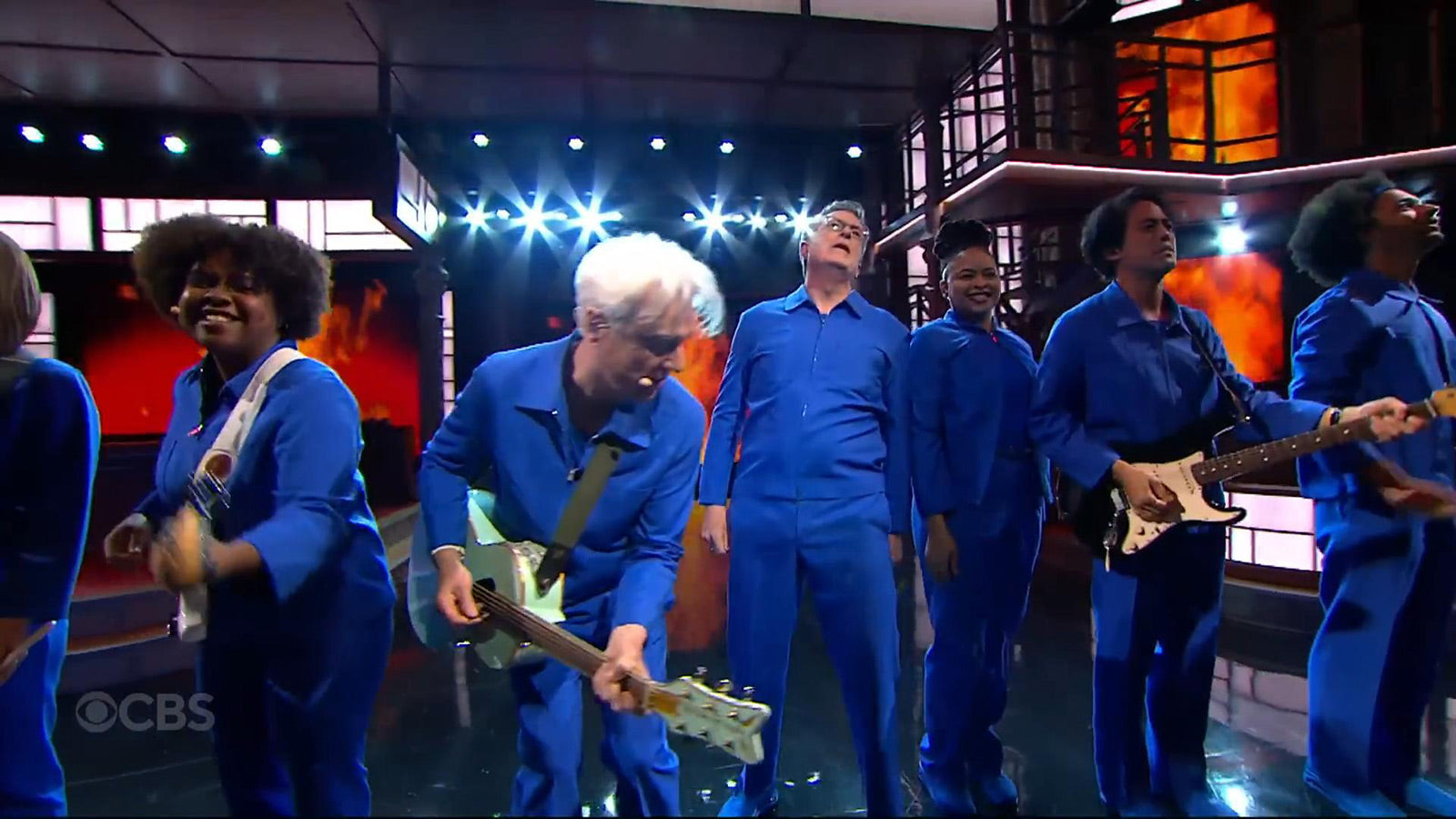 Watch Colbert join David Byrne on “Burning Down the House” on The Late Show