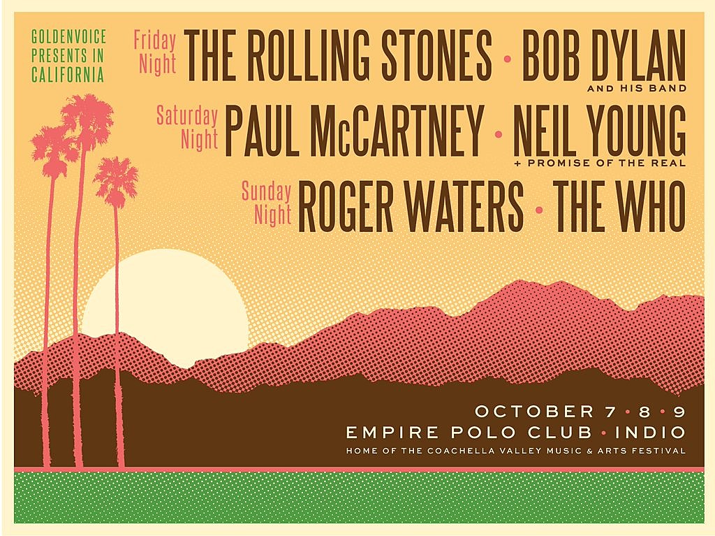 “Oldchella” officially called Desert Trip, three-day fest with Rolling Stones, McCartney, Dylan, The Who, Neil Young & Roger Waters