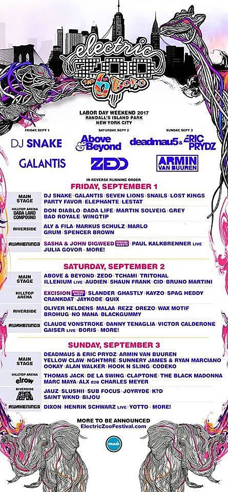 Electric Zoo 2017 day-by-day lineups
