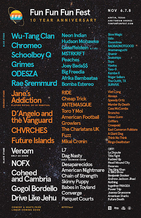 Fun Fun Fun Fest 2015 lineup: Jane’s Addiction, D’Angelo, L7, NOFX, Wu-Tang, Venom, Ride, American Football, American Nightmare, Converge, Charlatans, Dag Nasty, MANY more