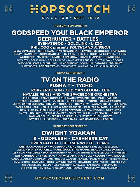 Hopscotch 2015 lineup (Godspeed You! Black Emperor, X, TV on the Radio, Godflesh, Deerhunter, Battles, Pusha T & more)