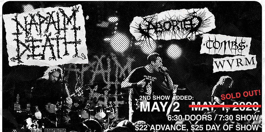 Napalm Death, Aborted, Tombs & WVRM add 2nd Vitus show (tix on BrooklynVegan presale now)