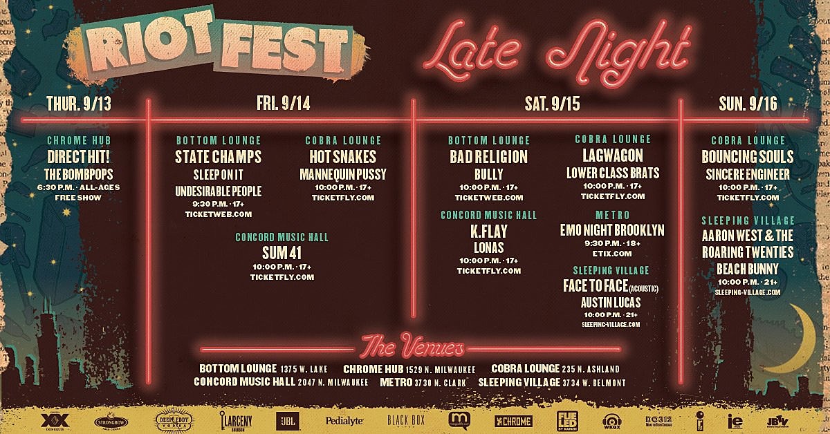 Riot Fest late night shows (Bad Religion, Hot Snakes, Face to Face, Bouncing Souls, more)