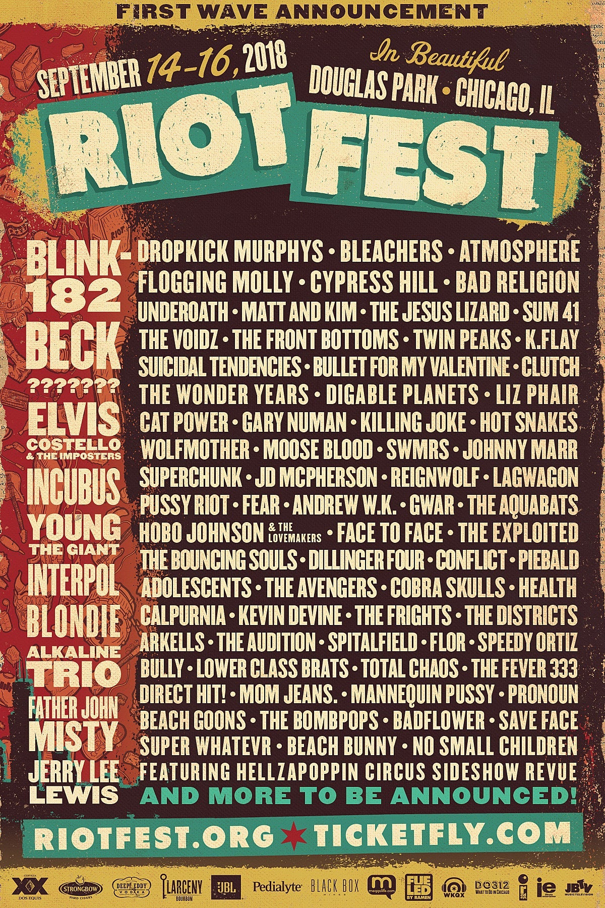Riot Fest 2018 lineup (blink-182, Beck, Elvis Costello, Jesus Lizard, Liz Phair, Digable Planets, MUCH more)