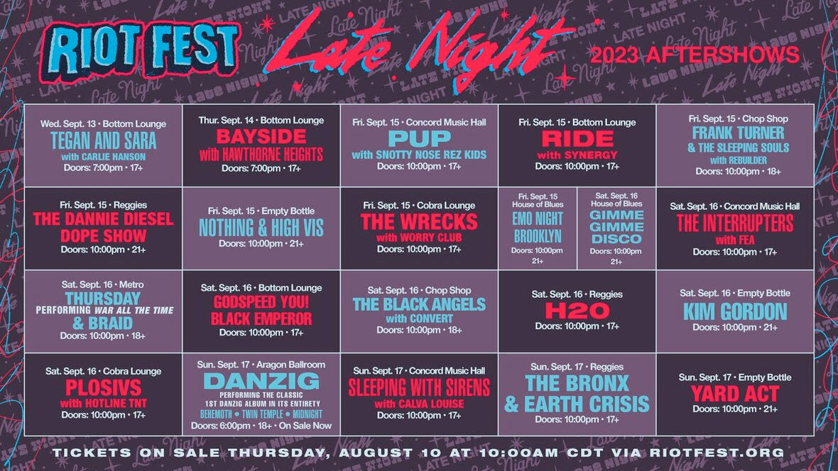 Riot Fest announces 2023 Aftershows (Danzig, GY!BE, Thursday, Kim Gordon, more)
