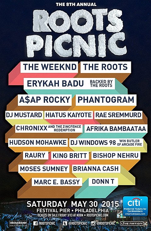 Roots Picnic 2015 lineup (Erykah Badu, The Weeknd, A$AP Rocky, Phantogram, Rae Sremmurd, DJ Windows 98, more)